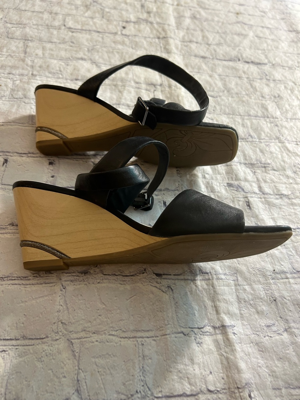 Franco Sarto Black and Wood-Tone Wedge Sandals